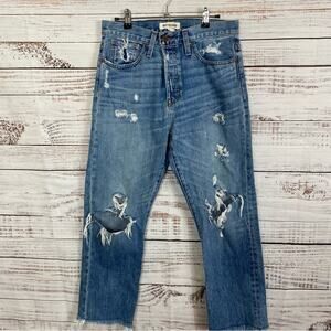 RIVET & THREAD RIPPED HIGH WAISTED CROPPED RAW HEM‎ SIZE 28 BUTTON FLY JEANS